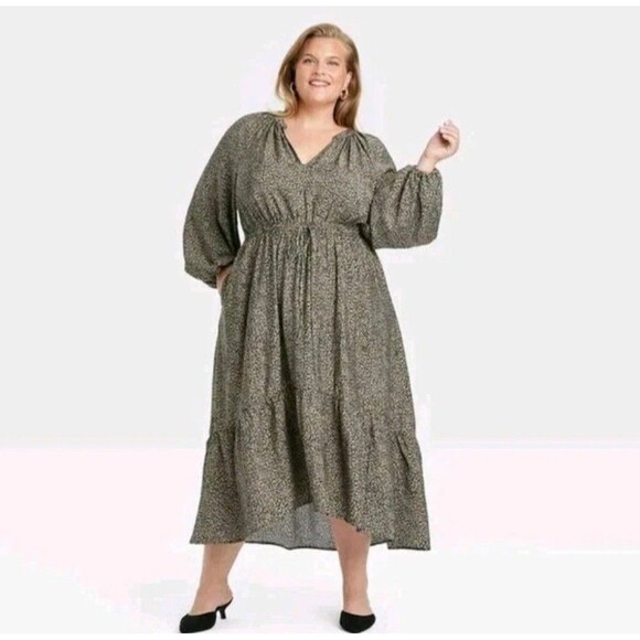 A New Day Leopard Print Balloon Long Sleeve Tiered Prairie Dress Women's 1X New - Picture 1 of 7